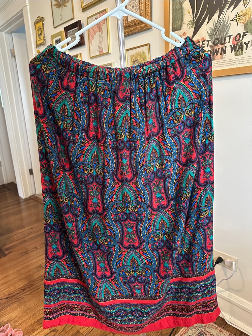 Boho Elastic Waist Midi Skirt - Teal & Pink Paisley